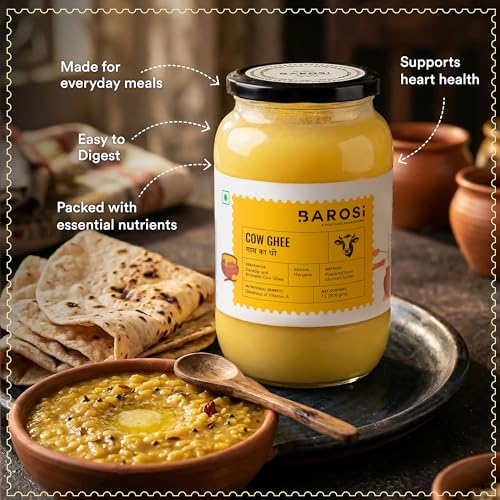 Image of BAROSI Desi Cow Ghee 1 Litre | Danedar Ghee | Lab Tested | Grass-Fed Desi Cow |Naturally Rich In Good Fats & Antioxidants | Suitable for Daily Cooking | Rich Aroma, Golden Colour | Glass Jar(1000 ml)