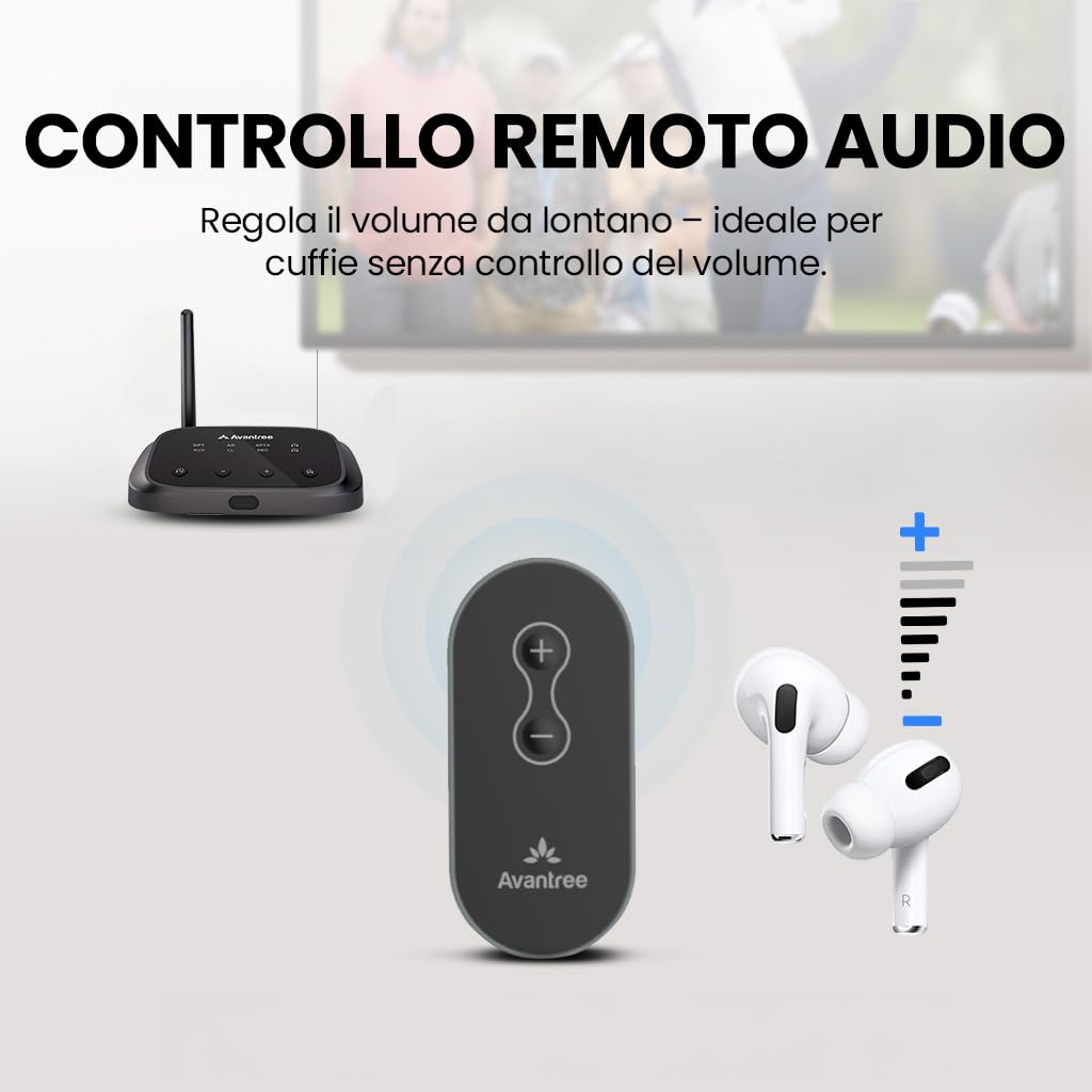 Avantree Oasis Plus 2 – Trasmettitore Bluetooth per TV con controllo del volume a distanza, supporta due cuffie, aptX‑Adaptive, passthrough soundbar, per TV con uscita ottica o AUX