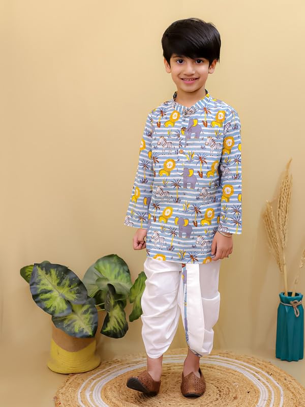 Image of superminis Boys Dhoti Kurta Set Cotton Animal Print Full Sleeves Ethnic Wear for Kids Boys | Kurta Dhoti for Baby Boy 0-3 Months to 8 Years | Traditional Dress for Festive