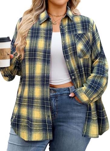 Womens Plus Size Yellow Plaid Shirt Long Sleeve Button Down Navy Blue Flannel Shirts Casual Roll Up Checkered Clothing Oversize Blouse Fall Tops L