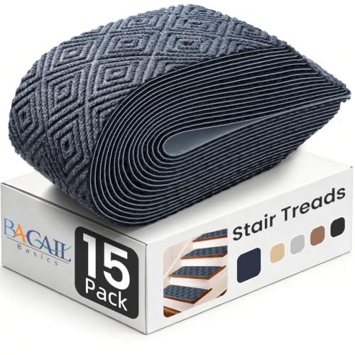 BAGAIL 15 Pack Non-Slip Stair Treads for Wooden Steps, 8'x30' Peel and Stick Carpet Stair Runners, Machine Washable Indoor Step Covers with No-Residue Adhesive for Dogs, Kids & Elderly - Bluish Grey