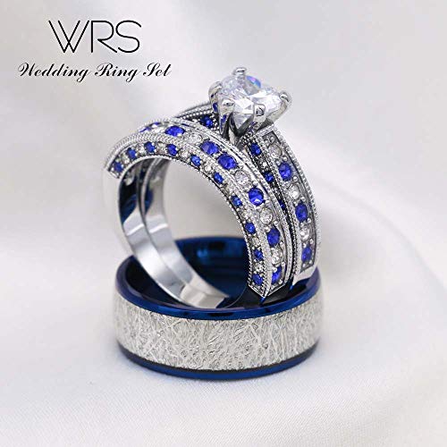 Two Rings His Hers Wedding Ring Sets Couples Matching Rings Women's 2pc White Gold Filled Heart CZ Wedding Engagement Ring Bridal Sets Men's Stainless Steel Wedding Band2