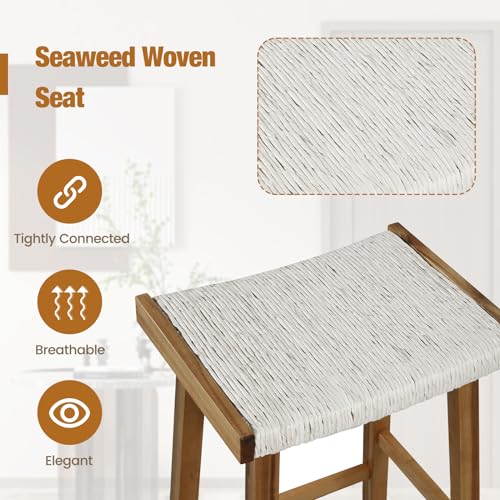 Conjunto de 4 butacos de taburete con asiento tejido de algas marinas, altura de barra de 25,5 pulgadas, estructura de madera de caucho y acacia, reposapiés, para isla de cocina y comedor, color natural miniatura 5