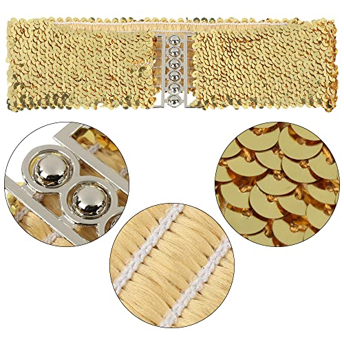 Andy's Orchids Sequin Belt, 3PCS Elastic Stretch Waistband Belly Dress Waist Belt for Women Girls Ladies Cinch Belt with Metal Buckle for Disco Costume Party (Gold Silver Black)3