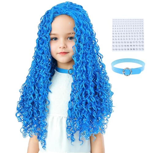 AMZCOS Long Blue Curly Wavy Synthetic Wigs with Blue Choker and Rhinestones Stickers for Girls Kids Teens Cosplay Halloween Party