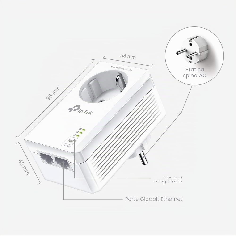 Set adattatori Powerline TP-Link TL-PA7027P KIT (con presa, 2 porte Gigabit, Plug&Play, compatibile con tutti gli adattatori Powerline HomePlug AV/AV2, senza WLAN)