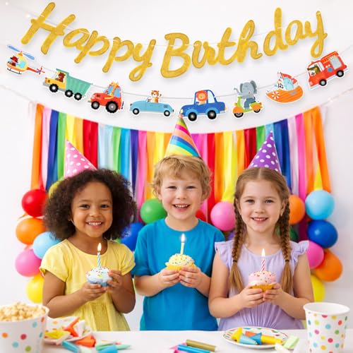 Image of Rozi Decoration Kids Birthday Decoration Kit with Golden Happy Birthday Banner, Vehicle Cutout Bunting, Multicolor Crepe Paper and Latex Balloons for Jungle Theme Birthday Decoration Pack of 38 Pcs