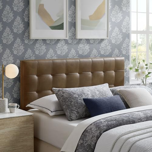Image of Modway Lily Vegan Leather Full Size Headboard with Biscuit Tufting in Mushroom - Vegan Leather Upholstery with Padded Design and 5 Height-Adjustable Mounts
