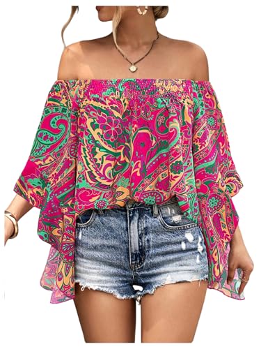 Women's Y2K Floral Off Shoulder Blouse Boho Shirt Ruffle Half Bell Sleeve Blouses Shirred Vacation Beach Shirt