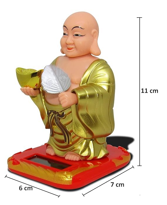 Image of YBN Plastic Moving Hand Solar Powered Laughing Buddha with Holding Ingot & Waving Fan | Moving Head & Fan | for Home Dash Decor Decorative Showpiece (10 x 7 x 6 cm) (Laughing Buddha)