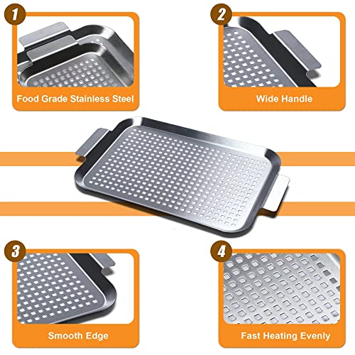 COOK TIME Grill Pan Set of 2, BBQ Grill Topper for Outdoor Grill, Stainless Steel Grilling Baskets with Holes and Handles, Perforated Food Tray Barbecue Accessories for Vegetable, Fish, Meat, Seafood
