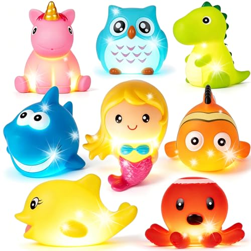 Image of Bath Toys for Toddlers Baby 8 Pack Light Up Toys - Bathtub Toy Flashing Colourful LED Light Shower Bathtime for Kids Infants Shark, Clown Fish, Owl, Unicorn, Octopus, Dolphin, Dinosaur Mermaid