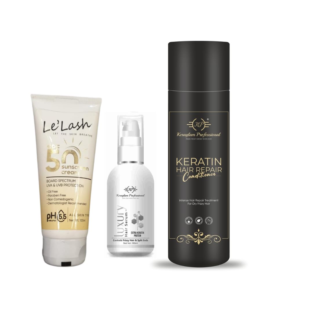 Keraglam Professional Keratin Hair Repair Conditioner, Le'Lash Sunscreen Cream SPF 50, Luxury Hair Serum