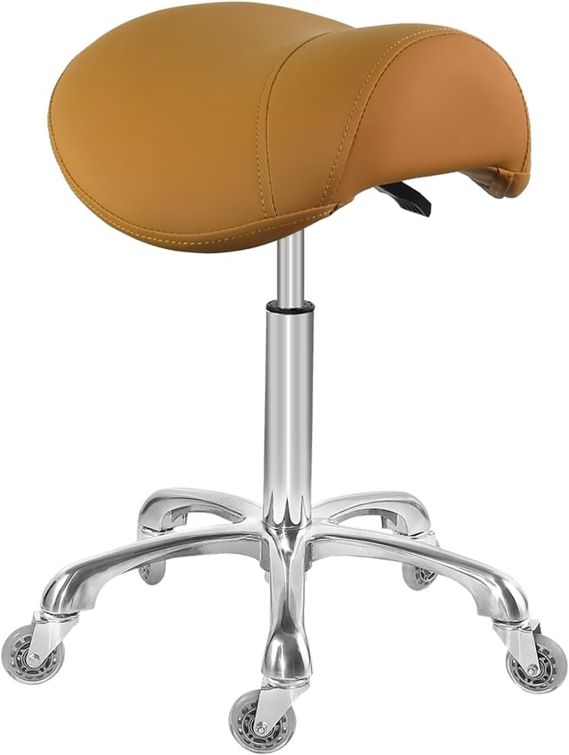 AntluSaddle Stool Chair for Massage Clinic Spa Salon Cutting, Saddle Rolling Stool with Wheels Adjustable Height (Camel)