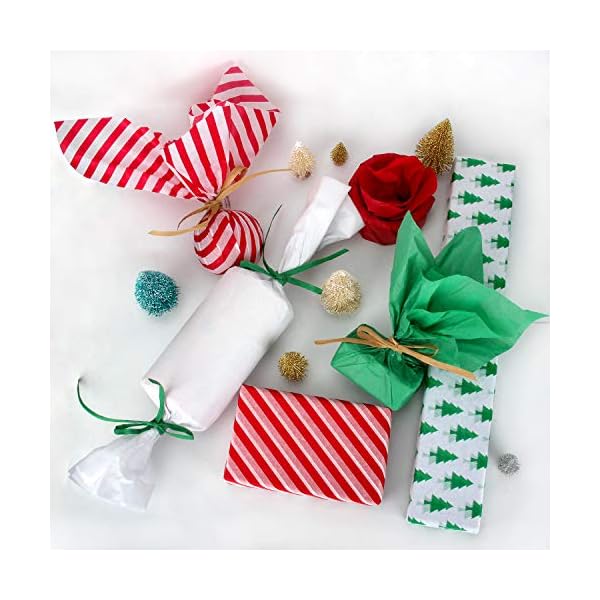 Blisstime Geschenkpapier für Weihnachten, 35 x 50 cm, Weiß/Rot/Grün/Rot gestreift, Weihnachtsbäume – Bild 5