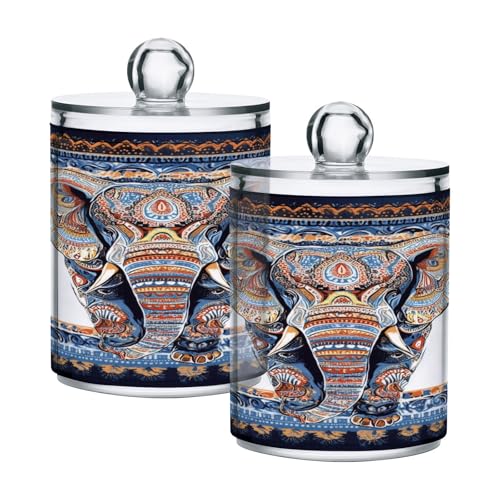 Haskirky 2 Pack Aztec Elephant Qtip Holder Dispenser,Clear Plastic Apothecary Jars with Lids Home Decor Kitchen Storage Jar for Cotton Ball, Cotton Swab,Floss,10 OZ