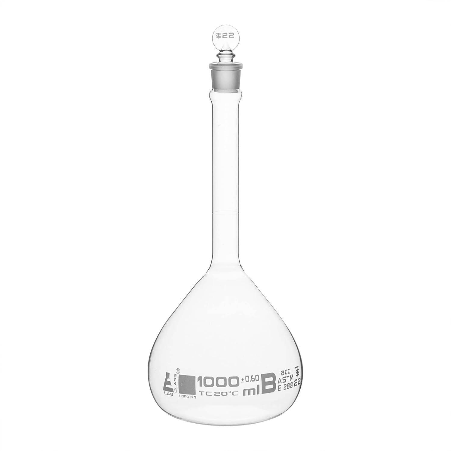 Volumetric Flask, 1000ml - Class A, ASTM - Tolerance ±0.300 ml - Glass Stopper - Single, White Graduation - Eisco Labs