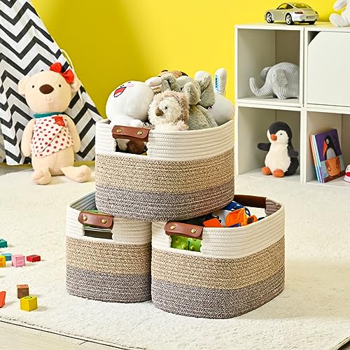Cotton Rope Storage Basket Woven Shelf Storage Bin with Detachable Leather Handles, Decorative Closet Shelf Woven Basket (Gradient Brown 1PACK) - Image 6