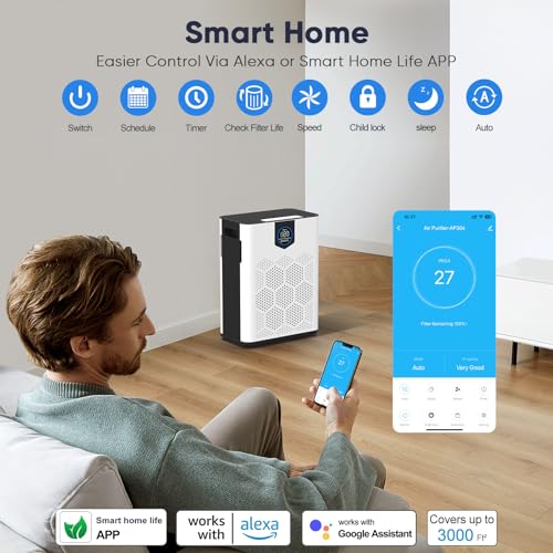 Image of Smart Wifi Air Purifiers for Home Large Room Up to 3000 Ft, DAYETTE Air Cleaner with Washable Filters, Air Quality Monitor, 4 Fan & 22 dB Sleep Mode for Bedroom Living Room