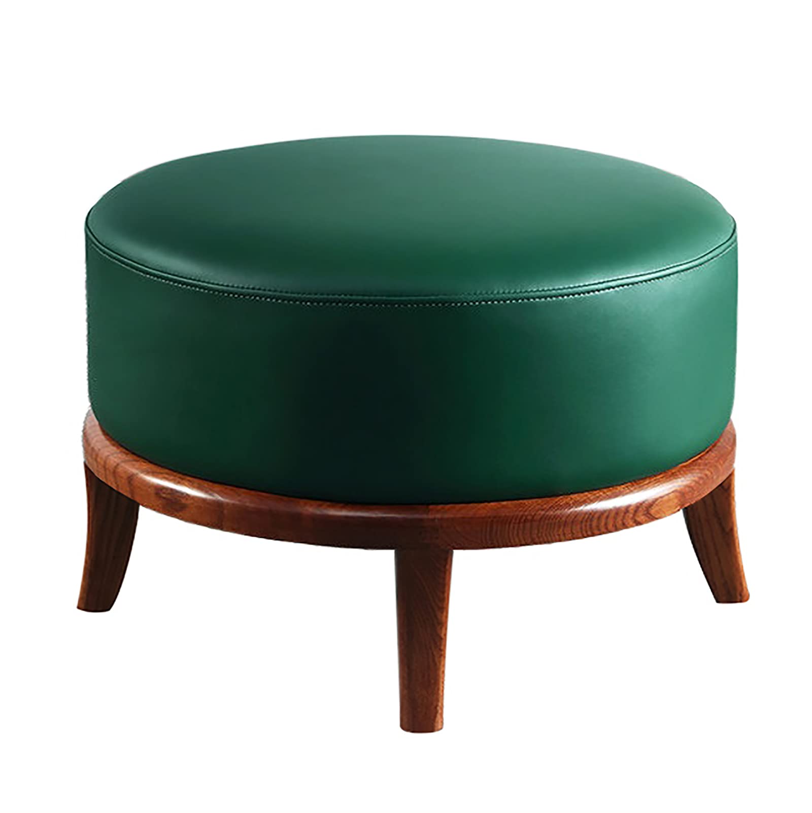 LMMIAOZ Premium Leather Footrest with Solid Wood Legs Modern Accent Seat for Living Room Round Green Footstool 50x50x32cm