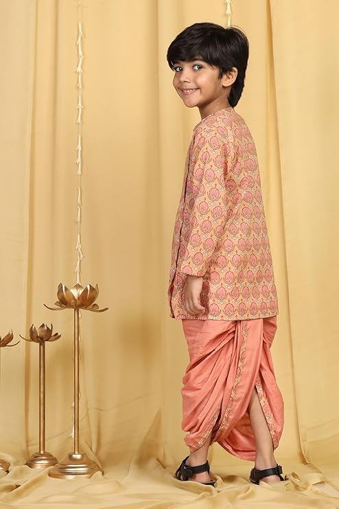 Image of AJ DEZINES Kids Cotton Printed Dhoti Kurta Set For Boys | Fashionable Bandhani Print Kurta | Stylish Boys Kurta Set | Perfect For Festivals Wedding & Family Function Wear