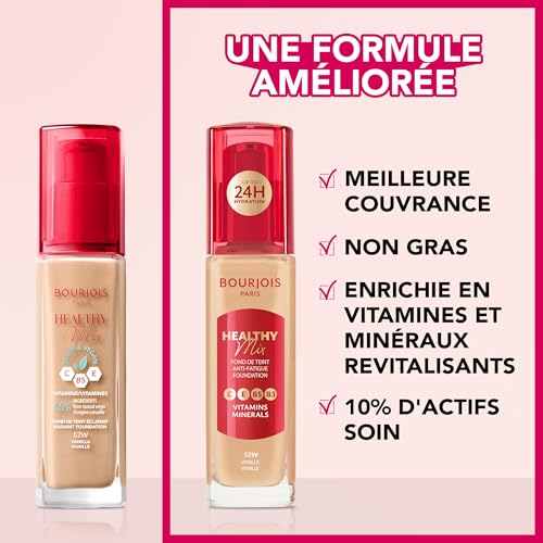 Bourjois Fond de Teint Healthy Mix, Teint Frais, Complexe de Vitamines C,E, B5 & B3, Longue Tenue et Hydrate jusqu'à 24H - 58W Caramel, 30ml