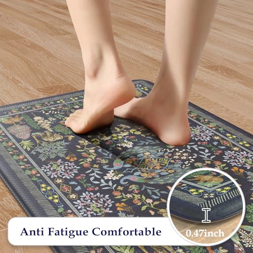 Image of KIMODE Anti Fatigue Kitchen Mats for Floor 17 inchx47 inch+17 inchx29 inch, Dark Blue Vibrant Floral Kitchen Rugs, Non Slip Waterproof Kitchen Floor Mats, Comfort Standing Mats for Laundry Office Sink Desk
