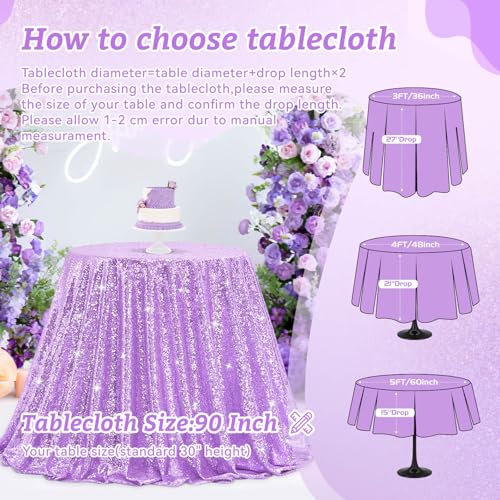 Image of B-COOL Sequin Tablecloth Round Party Decorations: 90 Inch Tablecloths Lavender Overlay Shimmer Fabric for Indoor Outdoor Gathering Parties