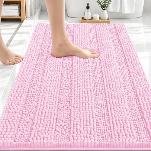 Image of OLANLY Thick Bathroom Rugs 30x20, Extra Soft Absorbent Chenille Striped Bath Rugs, Rubber Backing, Machine Wash Dry, Bath Mats for Bathroom Floor, Tub and Shower, Home Decor Accessories, Pink