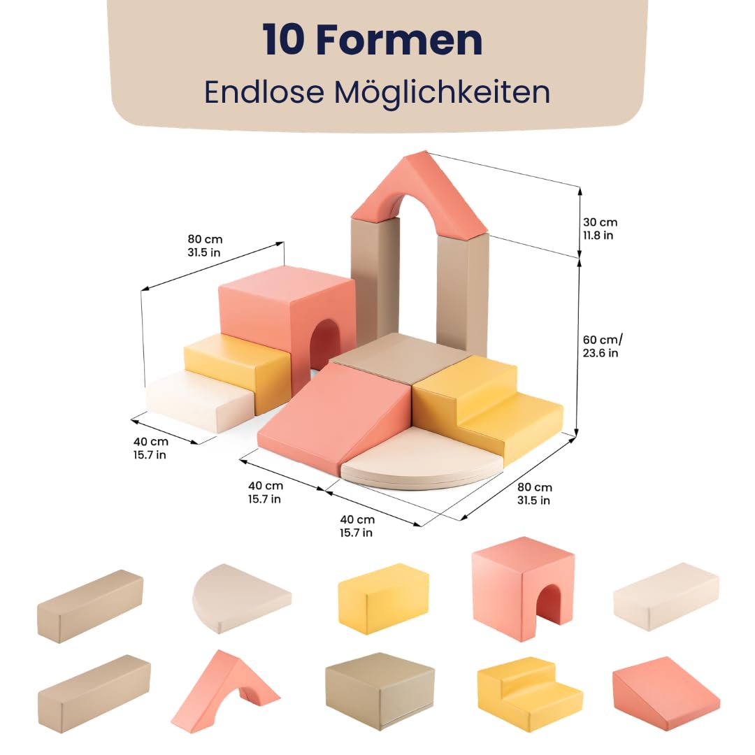 IGLU SOFT PLAY Baby Gym 10-teiliges Kletterset (Pastel Autumn) | Firm Step Schaumstoff | Veganes Leder | CE-zertifiziert | Fördert Motorik & Kreativität | Leicht zu Reinigen | Leicht