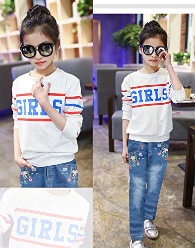 Image of Big Girls Letters Decor White Knitted Pullover Wahsed Flowers Embroidery Jeans Pants Set