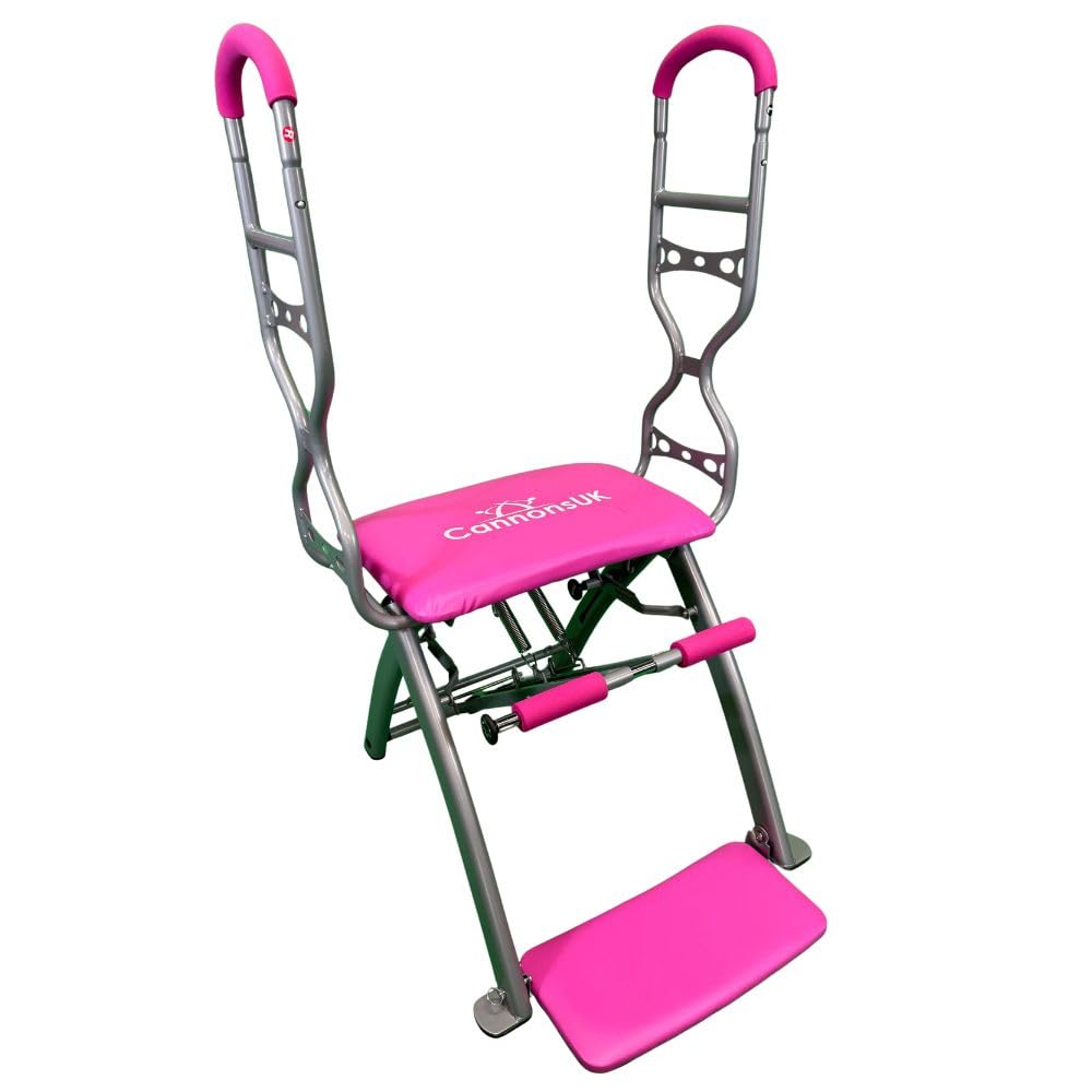 Pilates Chair with Adjustable Resistance Springs – Heavy Duty Steel Frame, Padded Seat, Removable Handles, Home Gym & Studio Pilates Equipment, Full Body Workout Machine (Pink)