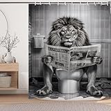 LKFBSC Lustiger Löwen-Duschvorhang, lustiger Humor, Leo-Tier auf WC, Duschvorhänge, schwarz-weiß, Duschvorhänge, große Katze, Badezimmervorhang mit Haken, 152,4 x 182,9 cm