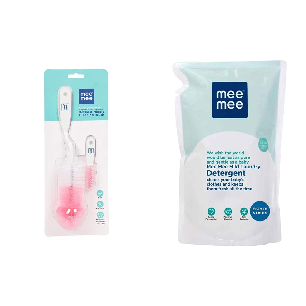 Mee Mee Bottle and Nipple Cleaning Brush with 360-Degree Rotary Handle, Pink & Mild Baby Liquid Laundry Detergent Refill Pack, 1.2L Combo
