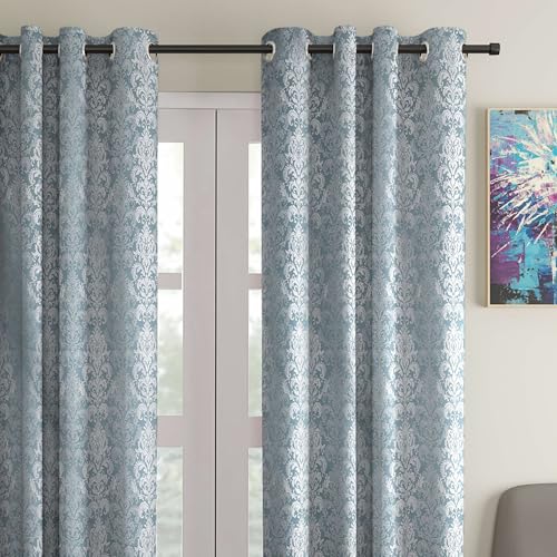 Image of STITCHNEST Damask Jacquard Door Curtain - Light Blue, 7 Feet, Grommet Top - Pack of 1 Elegant Curtain for Living Room & Bedroom