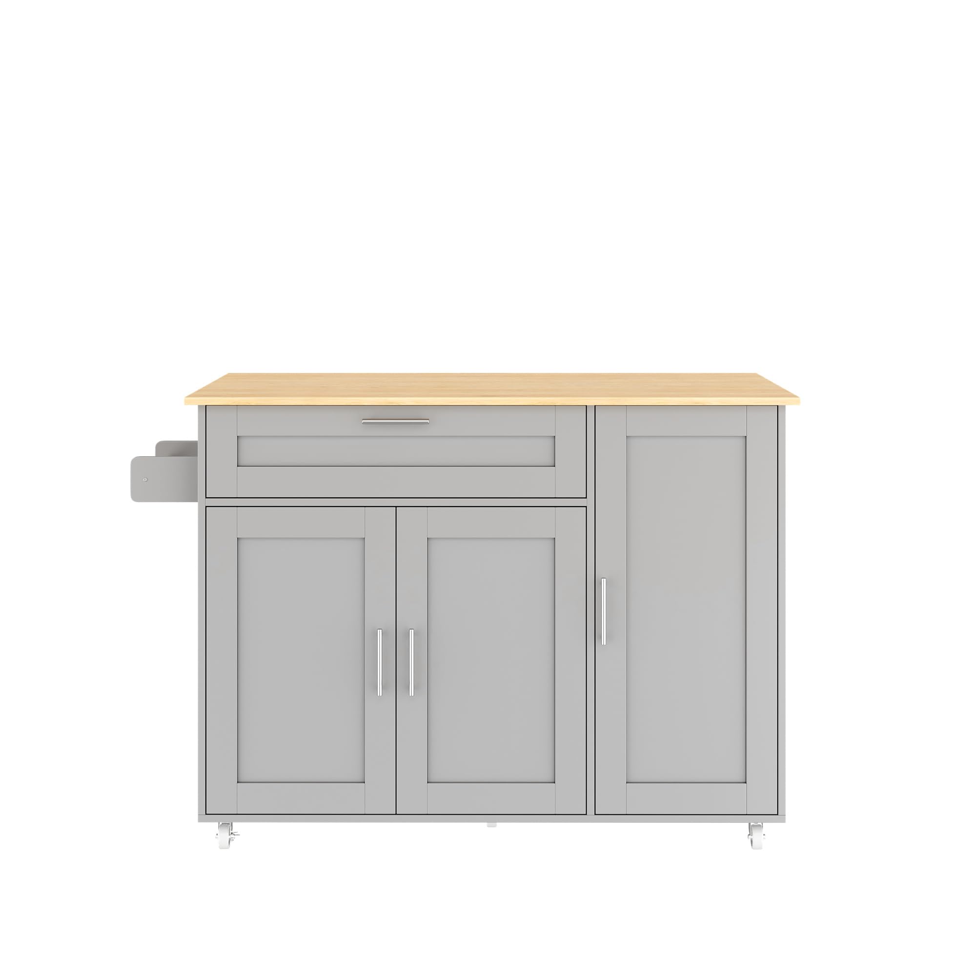 Mesa de cocina con superficie de trabajo plegable, isla de cocina móvil, carrito de servir con ruedas, toallero y estante para especias, adecuada para cocina/comedor/casa (gris-A, 132,5 x 70,5 x