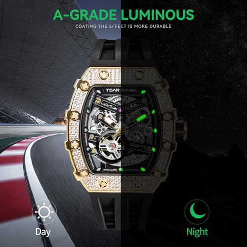 Image of TSAR BOMBA Men's Automatic Watch Tonneau Luxury Skeleton Watches for Men Mechanical 50M Waterproof Analogue Watches Mens Unique Cool Square Big Face Dial Wristwatch with Silicone Strap Band
