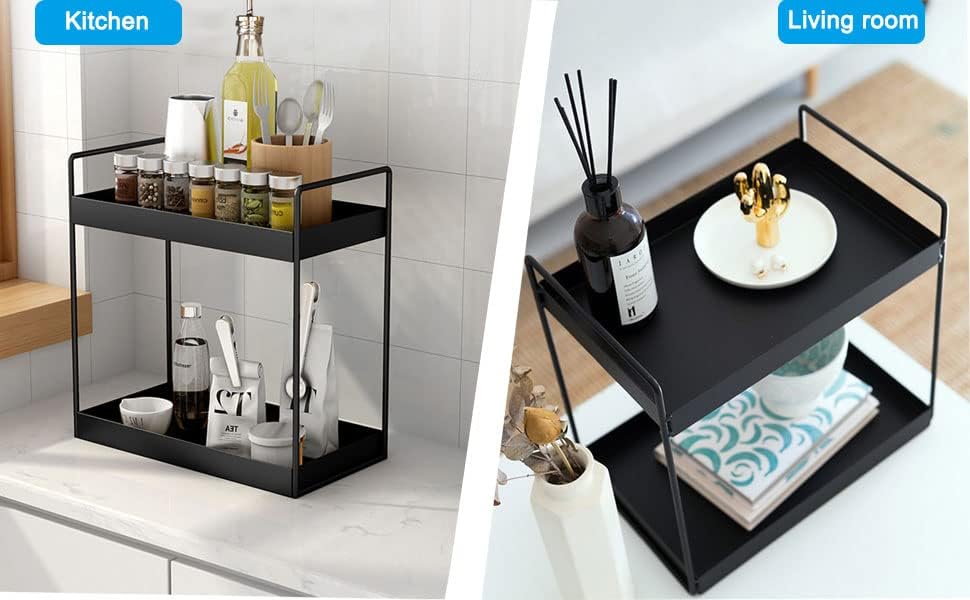 Image of IVAZA Modern Kitchen & Bathroom Organizer - 2-Tier Black Metal Rack with Ventilated Shelves | Space-Saving & Sturdy (Made in India)