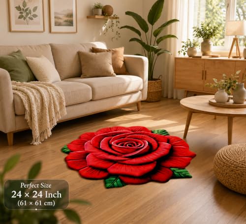 Image of 3D Rose & Floral Door Mat | Water Absorbent, Anti-Skid, Machine Washable Floor Mat | Soft Microfiber Carpet for Home, Living Room & Bedroom | Premium Decorative Mat (Red Rose with Leaf, Rose)
