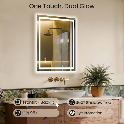 Image of 32x36 LED Bathroom Mirror with Anti-Fog, Backlit & Front Lit, Memory | Stepless Dimmable 3 Color CRI 95+ Shatterproof Tempered Glass ETL Listed for Safety Lighted Bathroom Vanity Mirror for Wall
