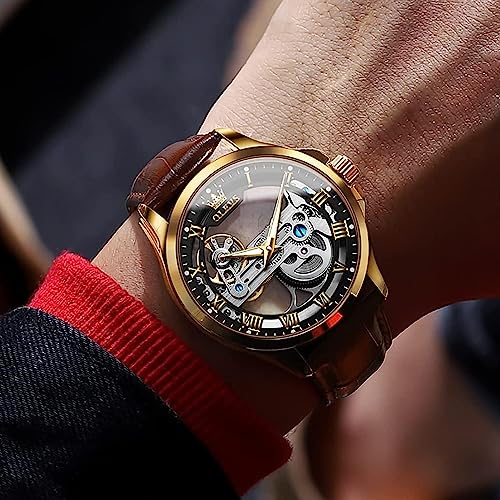 Image of OLEVS Skeleton Watches for Men Automatic Self Winding Mechanical Luxury Dress Leather Waterproof Luminous Men Wrist Watch