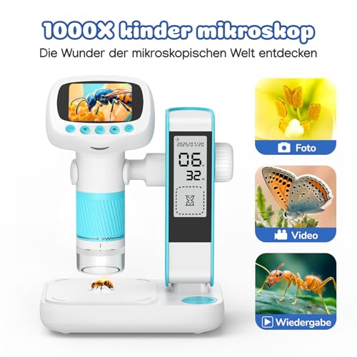 Leipan Digitales Mikroskop für Kinder mit Wecker, Tragbares Kinder Mikroskop mit 1000x Vergrößerung, 2 Zoll Bildschirm, 8GB Karte, Foto- und Videoaufnahme, Geschenk ab 3 Jahre (Blau-Weiß)