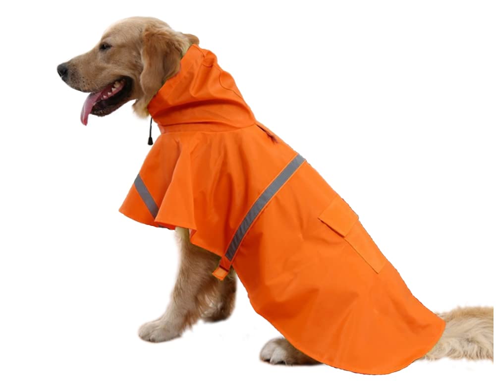 Adjustable Large Dog Raincoat with Strip Reflective - Waterproof Pet Rain Jacket Hoodie Poncho,for Large and Medium Dogs (Orange,XL)