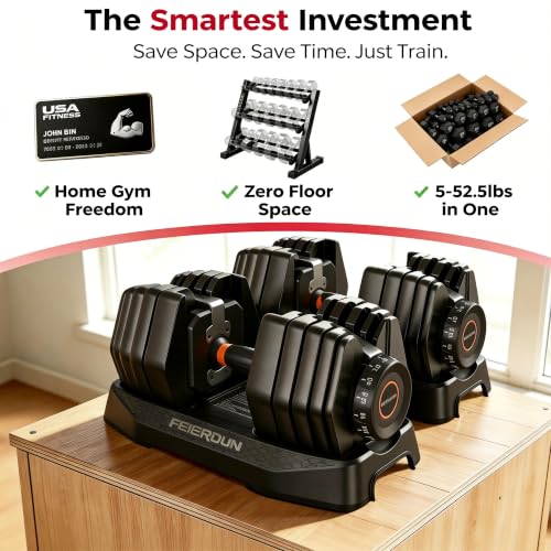 Image of FEIERDUN DB1 QuickDial Adjustable Dumbbell Set, 15-in-1 Adjustable Weights with Storage Box & App, 105lb /52.5lb Quick Change for Drop Set, Superset & HIIT Home Gym, Non-Slip Handles, 3-year Aftersale Service