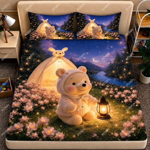 Image of RUMPS 7D Digital Printed King Size Bedsheet | Premium Microfiber Bedding Set with 2 Pillow Covers, Magical Night Teddy Bear & Tent Theme
