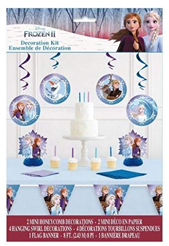 Mega Frozen 2 Birthday Party Supplies and Decoration Pack For 16 With Dinner and Dessert Plates, Napkins, Tablecover, Candle, Pennant Banner, Swirls, Table Decoration, and Frozen Inspired Pin