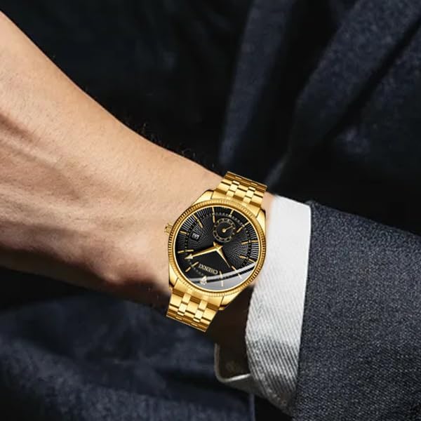 FANMIS Men's Luxury Analog Quartz Gold Wrist Watches Business Stainless Steel Band Dress Wrist Watch Classic Calendar Date Window 3ATM Water Resistant - Image 5