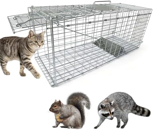 Foldable Live Animal Trap, Large Cat Trap Wire Catching Cage with Handle for Cats, Rabbits, Rats Rodents - 79 x 33 x 28 cm
