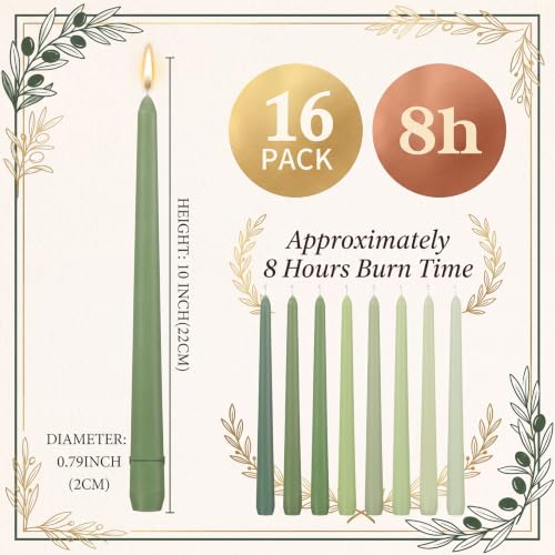 Image of MTLEE 32 Pcs Long Taper Candlestick Bulk 10 Inch Smokeless, Green | Paraffin Wax Cotton Wick, Colorful Vibrant for Dinner Wedding Party Church, Unscented Table Centerpiece Decor