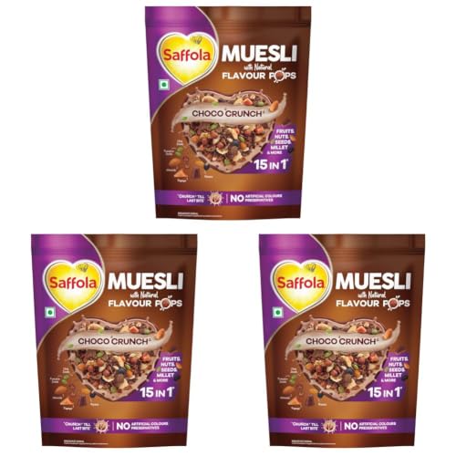 Image of Saffola Muesli Choco Crunch with Flavour Pops, 400 gm /450 gm | 15 in 1 Fruit and Nuts, Seeds, Millet & more | Cereals for breakfast with wholegrain, protein, fibre (Pack of 3)
